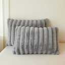 MEGO Set of 2 Fluffy Faux Rabbit Fur Pillowcases, Cozy Luxury Striped Plush Fuzzy Zippered Pillow Cases, Decorative Shaggy Furry Ribbed Long Pillow Shams Bedroom Living Room 20x36, King, Light Grey