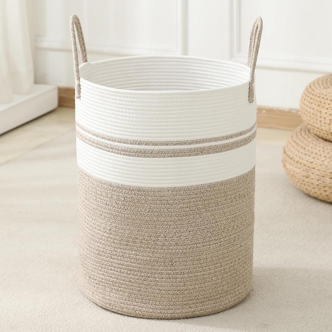 Laundry Basket Hamper Tall Rope Storage Woven for Blanket toys Dirty Clothes in Living Room Bathroom Bedroom (Brown&White, 60L/15.8Gal)