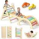 BlueWood Pikler Triangle Set 7in1 Foldable Baby Climbing Toys Wooden Montessori Climbing Set with Arch&Ramp&Ladder Baby Climber Indoor Jungle Gyms for Toddlers Montessori Toys - Colorful, Medium, Small