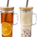 Glass Cups with Lids and Straws - 24oz glass tumbler with bamboo lids and straw Boba Cup (2pack)