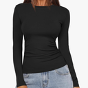 Darong Women's Long Sleeve Crew Neck Shirts Fall Basic Casual Ruched Side Slim Fit T Shirts Tee Tops, Black, M