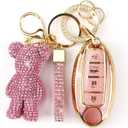 Cute Key Fob Cover with Rhinestone Bear Charm, Bling TPU Smart Key Case for Women, Compatible with Nissan Altima Murano Juke Sentra Rogue Pathfinder Titan Maxima Kicks (4-Button, Gold Pink)