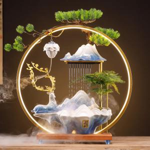 Desk Waterfall Fountain Indoor Ceramic Deer Sculpture,Tabletop Mini Water Fountain with MistAdjustable LED Light Ring and Backflow Incense Burner Holder(PQLU001)