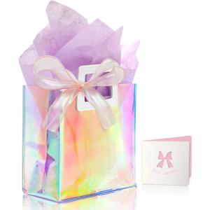 KeerxunBag 1 Pack Holographic Gift Bags with Handles & 2 Tissue Paper Sheets Iridescent Transparent Reusable Bags for Women, Girls, Birthdays, WeddingsPurple Gift Bag