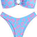 ZAFUL Women's Bandeau Bikini O Ring Strapless Tie Back High Cut Two Piece Swimsuit Bathing Suits (Blue, L)