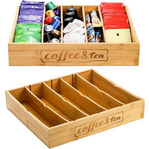 Lyellfe 2 Pack K Cup Holder for Drawers, Bamboo Tea Bag Organizer with Adjustable Dividers, Silverware Utensil Flatware Tray for Coffee Station Home Office, Kitchen