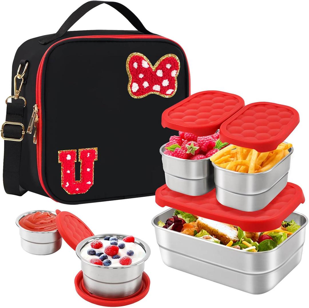 Insulated Lunch Box Set, Bow Mouse Preppy Initial Lunch Bag With Stainless Steel Bento Box, Cooler Snack Food Containers Back To School Gift Girls Teens Kid Women For Picnic Park Work Travel Black U