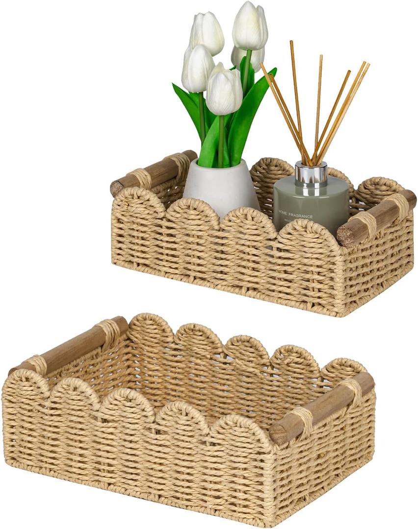 CubesLand Scalloped Edge Decor Baskets for Home, Living Room, Toilet Paper Storage Basket for Over Toilet Shelf, End Table,Shelves and More, Small Paper Rope Baskets Both Storage&Decor, Set 2 Beige