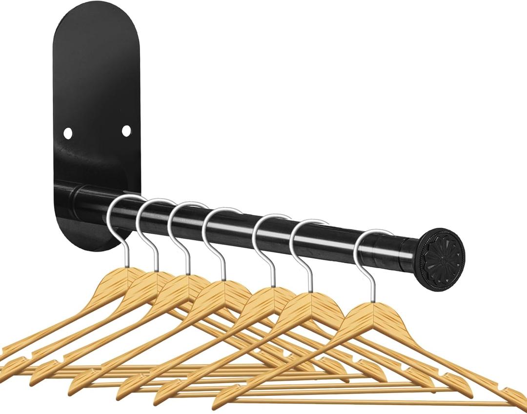 2-Section Stainless Steel Clothes Hanger Storage, Retractable Space Saving Clothes Hanger Storage Organizer, Wall Mount Clothes Rack Organizer, Adhesive or Drilling Installation (Black)