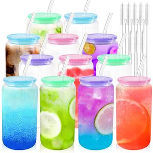 Joyclub 12pcs Glass Cups with Acrylic Lids and Straws 16 oz Can Shaped Glass Iced Coffee Cups with Lids and Straws, Cute Tumbler Cup Drinking Glasses for Smoothie Whiskey Boba Soda Tea Gift (Multicolor Light 12 Pack)