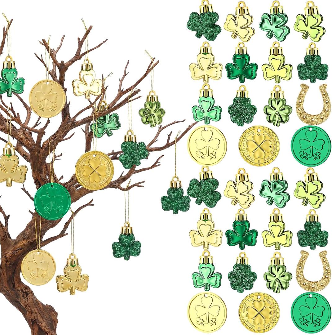 Weysat 98 Pcs St. Patrick's Day Decorations for Tree Shamrock Ornaments Gold Coins Horseshoe Good Luck Clover for Spring Irish St Patrick's Day Table Party Hanging Decor, 15 Style