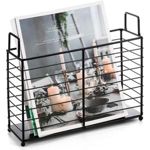 Metal Magazine Rack, Newspaper Book Tablet Storage Basket, File Holder Mail Organizer Bin with Handles, Iron Wire Black Folder Stand Holder for Home Office Bathroom Bedroom Den Living Room