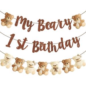 Teddy Bear My Beary 1st Birthday Banners 3Pcs Bear Birthday Party Decorations Glitter Brown Bear First Banners for Teddy Bear Baby Shower Supplies