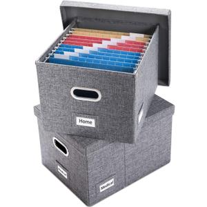 PRANDOM File Organizer Box - Set of 2 Collapsible Decorative Linen Filing Storage Hanging File Folders with Lids Office Cabinet Letter/Legal Size Grey (17x14x11.2 inch)
