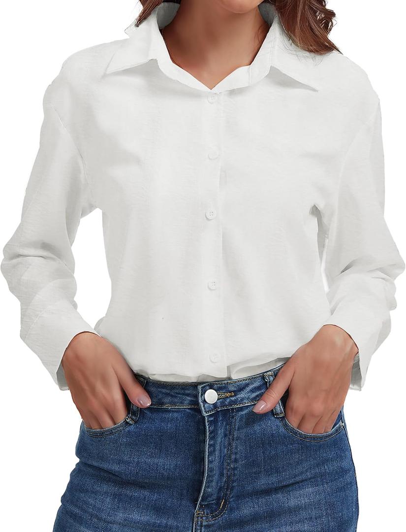 DAOAO Womens Button Down Blouse Long Sleeve Tops for Women Ladies Collared Shirt Dressy Casual Trendy White M