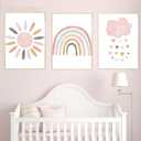 Nursery Wall Prints Pink Sunshine Rainbow Cloud Canvas Wall Art, Child Wall Art Poster Boho Nordic Wall Pictures for Girls Baby Kids Room Decor, Set Of 3 Cute Cartoon Prints Girls Room Wall Decor (16.00" x 24.00")