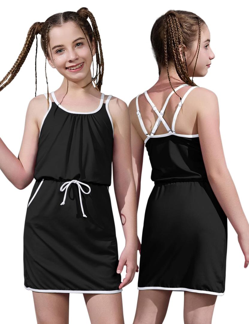 Mirawise Girls Summers Dresses with Shorts Casual Spaghetti Straps Crisscross Back 2 Piece Beach Dress Black Size 6 7