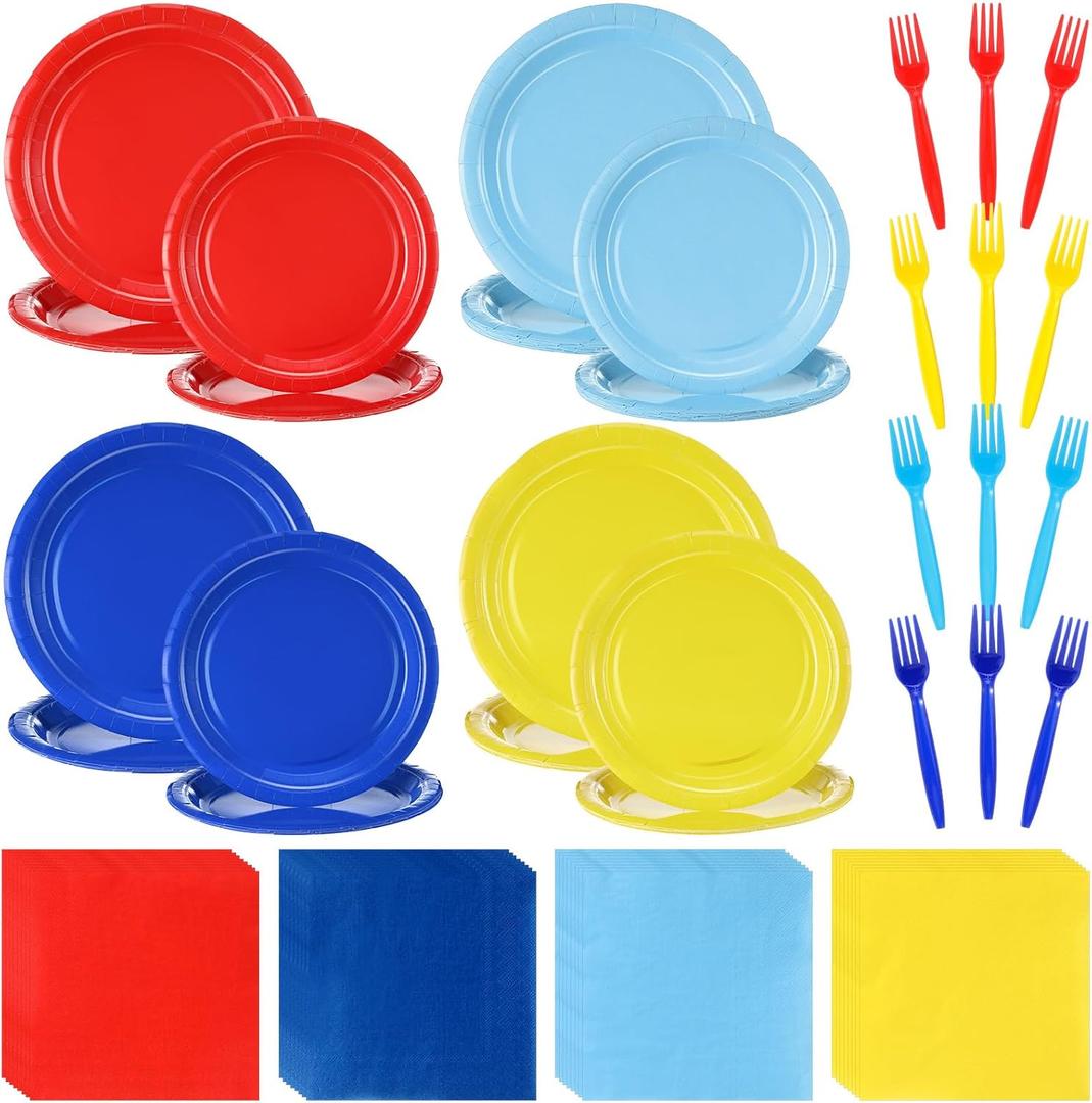 Baderke 96 Pcs Blue Red Yellow Paw Party Paper Plates and Napkins Party Supplies Tableware Set Colorful Themed Celebration Favors for Birthday