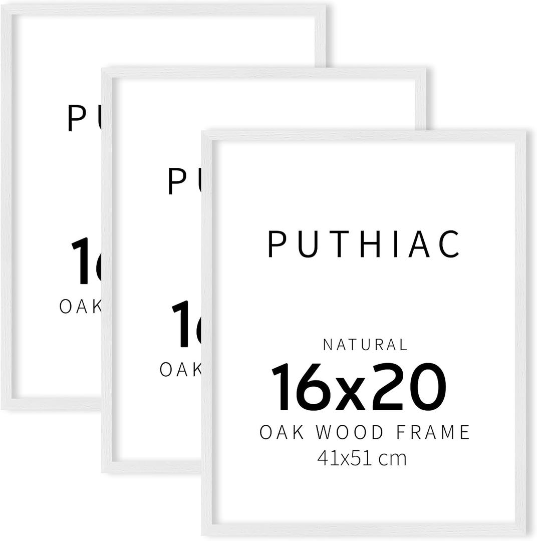 Puthiac 16x20 Solid Oak Wood Picture Frame, Fits 12x16 with Mat or 16x20 Without Mat, Wall Display Only, Vertical or Horizontal, Plexi Front, 3 Pack, White