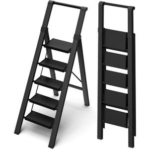 5 Step Ladder, Lightweight Folding Step Stool withConvenient Handgrip,Aluminum 330lbs Capacity Step Ladderfor Office,Household,Kitchen(Black)