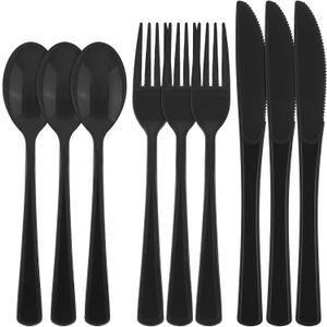 300 Pieces Black Plastic Silverware Heavy Duty Plastic Cutlery Set Heavyweight Disposable Flatware Includes Spoons Forks Knifes for Birthday Party Prom Night Wedding Dinner
