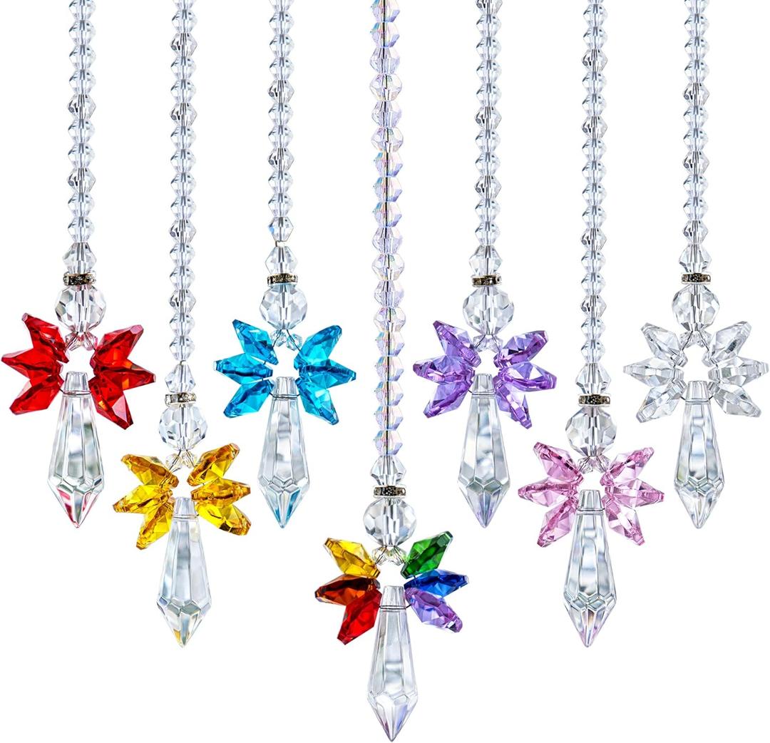 QFkris 7pcs Rainbow Guardian Angel Suncatcher for Home/Car Decoration & Porch Decor & Hangings Crystal Glass Ornament for Mom Women