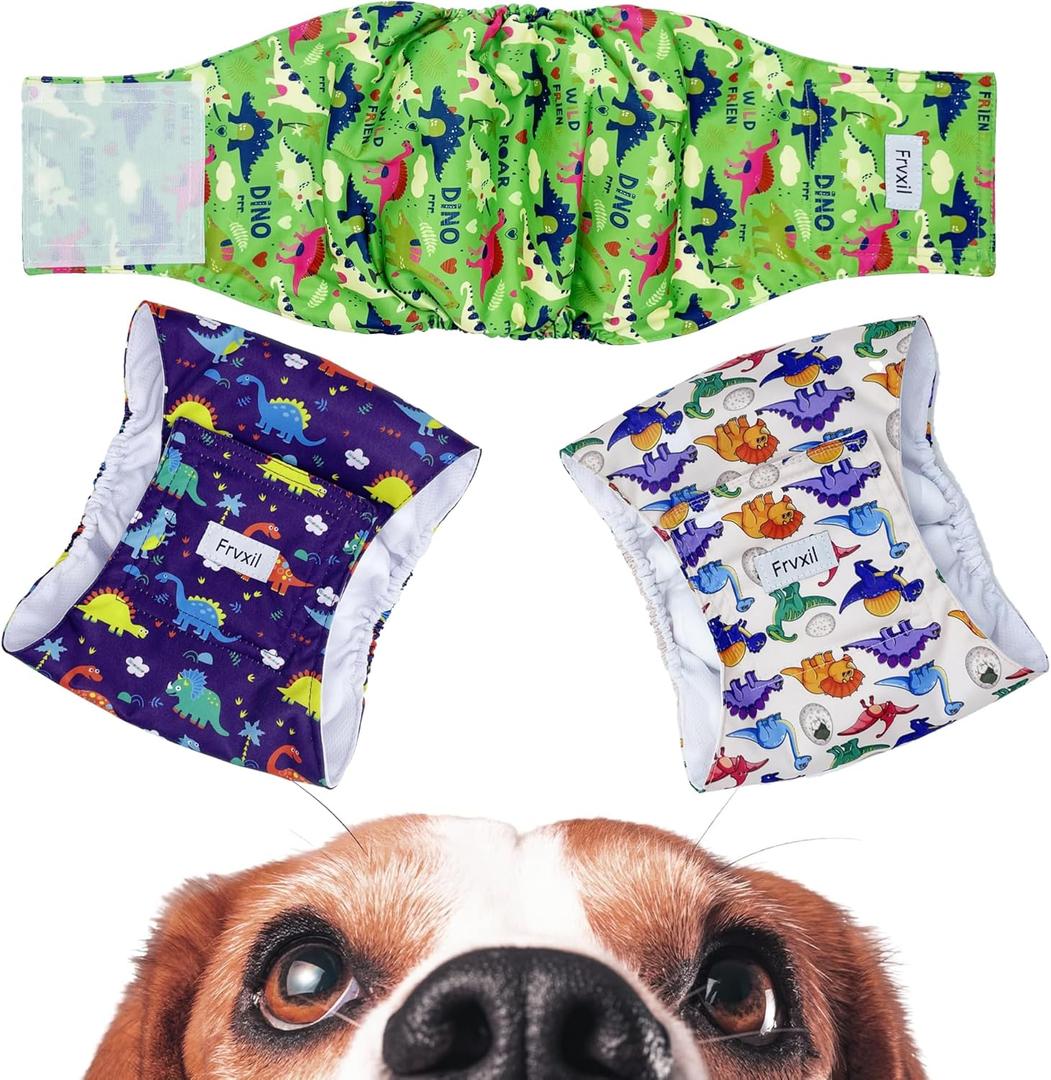 Washable Male Dog Diapers: Reusable Belly Bands for Puppy - 3 Pack Absorbent Doggy Wraps (Dinosaur, Small, Count, 3)