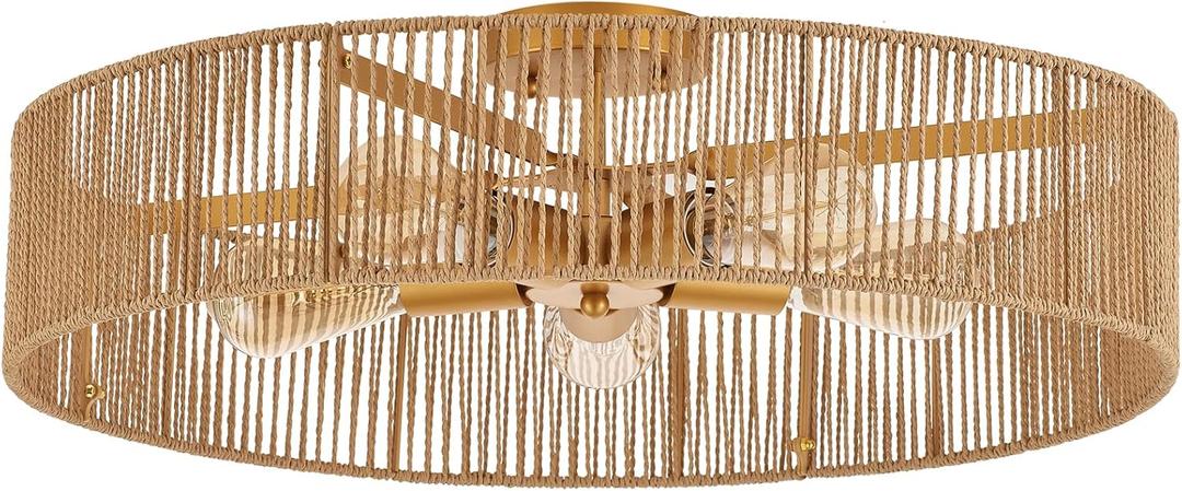 24" Natural Rattan Flush Mount Ceiling Light Fixture Antique Brass Brush Paint Finish Boho Chandelier for Porch Patio Hallway Bedroom Living Room Kitchen Island 5-Light