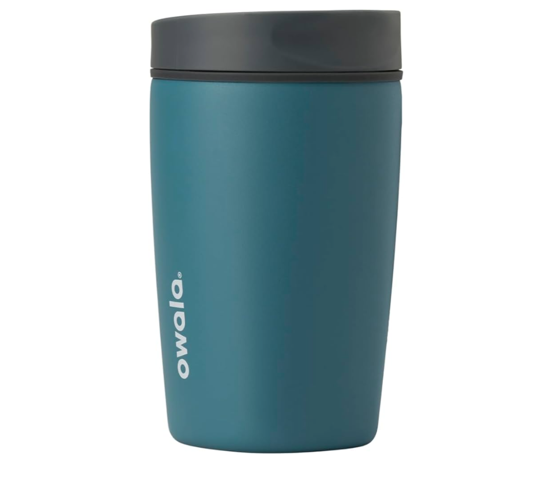 Owala SmoothSip Slider Insulated Stainless Steel Coffee Tumbler, Reusable Iced Coffee Cup, Hot Coffee Travel Mug, BPA Free 12 oz, Grey/Blue (High Dive)
