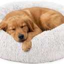 NEWBULIG 30.7x30.7 Inch Dog Bed Large Sized Dog, Donut Shape Cat Beds for Indoor Cats with Washable, Anti-Slip, Faux Fur (White)