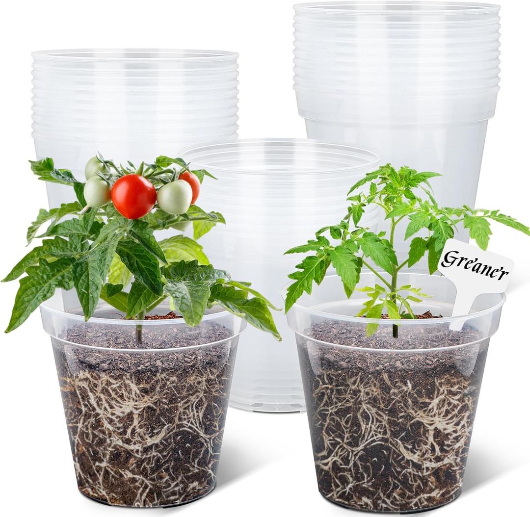 GREANER 7 Inch Transparent Plastic Garden Pots, Clear Plant Pots with Drainage Holes and 20 Pcs Plant Labels, Durable Seed Starting Pots for Orchid, Succulent, Vegetable, and Cactus