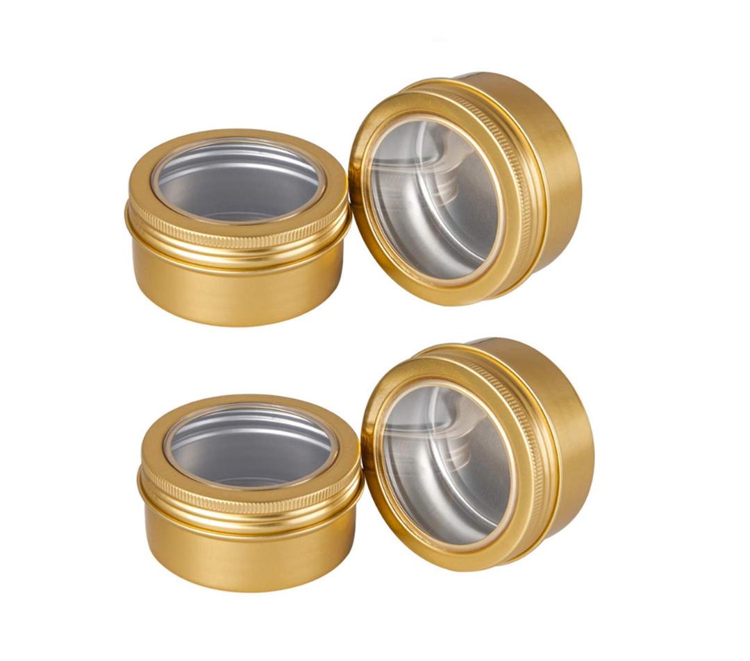 15 Pack 3 Oz Clear Window Round Aluminum Tin Cans Screw Top Metal Lid Aluminum Tin Jar Empty Lip Balm Tin Cans Cosmetic Storage Jars for Spices Candles Candies Gifts Arts Crafts,90ml(Gold)