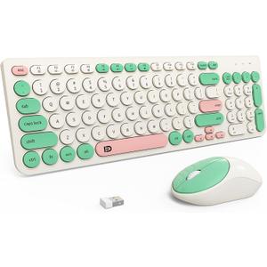 FD Wireless Keyboards and Mouse Combo - 2.4GHz USB Cordless, Cute Wireless Keyboard Round Keys, Quiet and Slim Set for Laptop, Computer, TV and Mac - Milky White Green Colorful