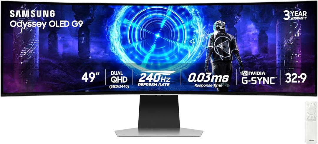 Samsung 49-Inch Odyssey G9 (G95SD) Series QD-OLED G-Sync Compatible Curved Gaming Monitor, 240Hz, 0.03ms, Dual QHD, Glare Free, FreeSync Premium Pro, Ergonomic Stand,LS49DG956SNXGO,2024