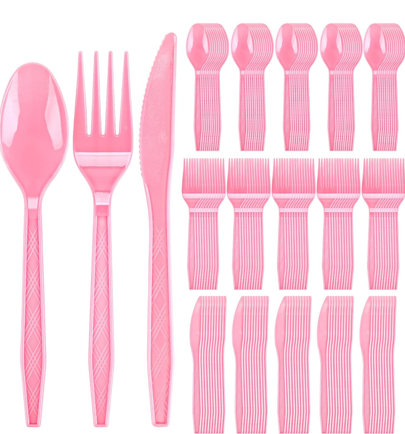 150 Pack Plastic Silverware Heavy Duty, Light Pink Disposable Cutlery Set Includes 50 Forks 50 Knives 50 Spoons for Birthday Wedding Party Picnics (150, Pink)