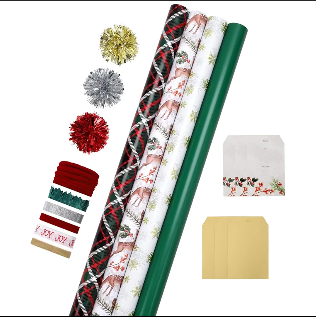 LaRibbons Christmas Wrapping Paper Sets, Classic Reindeer & Plaid Design With Ribbons & Gift Tags & Metallic Pom Pom, Perfect for Xmas, Holiday Party, 30Inch × 10Feet（ 4 Rolls: 100 Sq.Ft.Ttl）