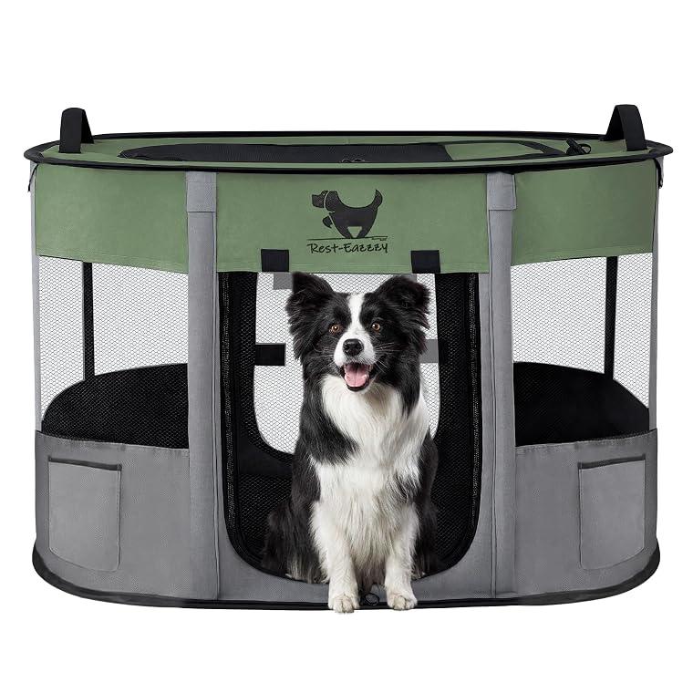 Rest-Eazzzy Dog Playpen, Foldable Kitten Playpen for Medium Dogs, Portable Pet Puppy Playpen with Removable Shade Cover, Indoor Outdoor Travel Camping Use for Small Pets with Carrying Case (M, Green)