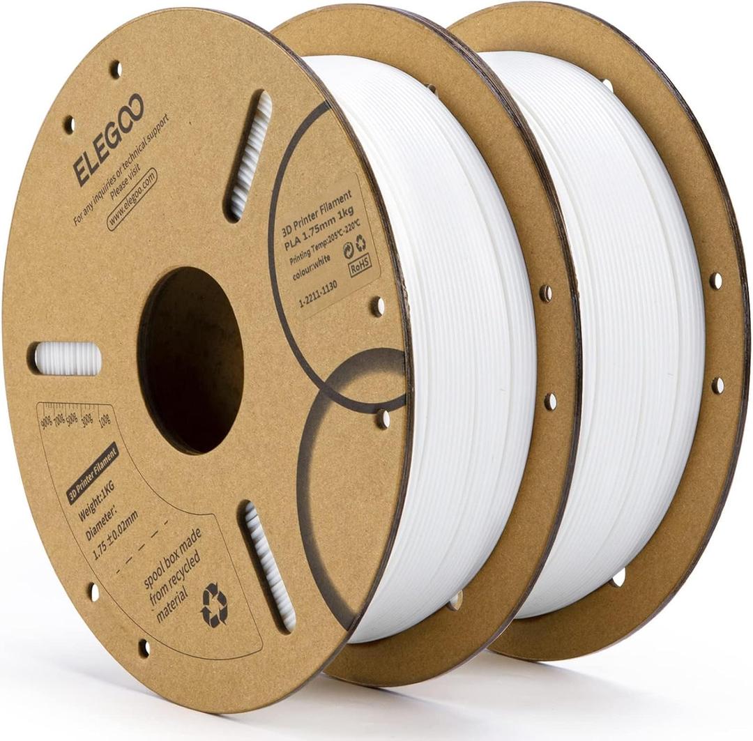 ELEGOO PLA Filament 1.75mm White 2KG, 3D Printer Filament Dimensional Accuracy +/- 0.02mm, 2 Pack 1kg Cardboard Spool(2.2lbs) 3D Printing Filament Fits for Most FDM 3D Printers