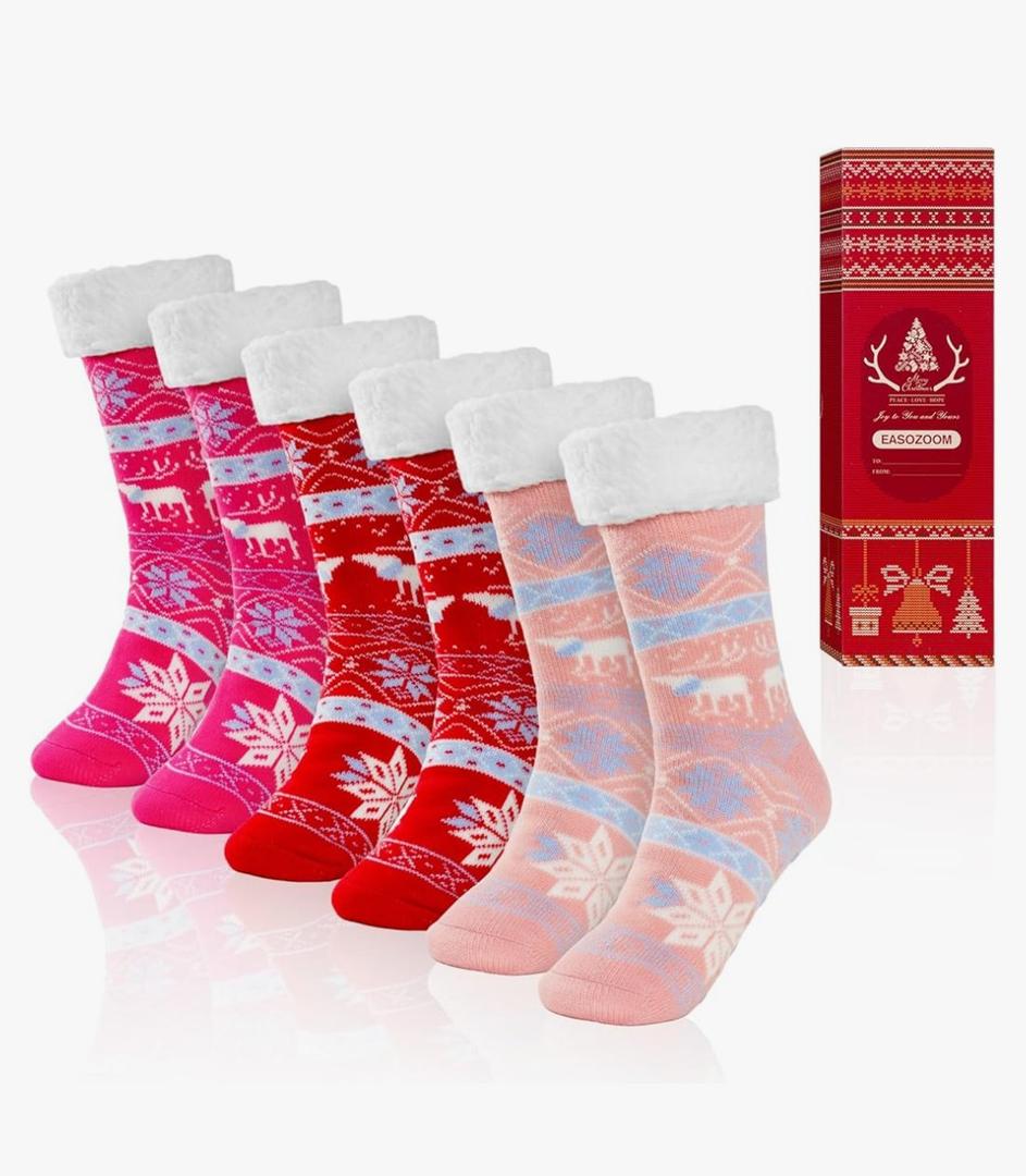 3 Pairs Christmas Fuzzy Warm Slipper Socks for Women,Soft Sherpa Fleece Lining Socks with Grippers Non Slip,One Size