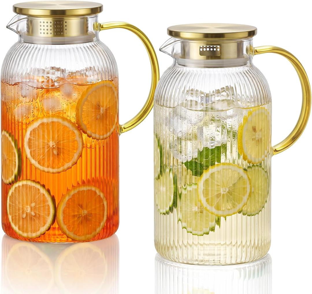 OneDream 2 Pack Glass Pitcher with Lid, 68 oz Heat-Resistant Borosilicate Glass Water Pitcher, Wide Mouth Round Glass Pitcher with Handle, Leak-Proof Silicone-Edged Lid, for Iced Tea, Coffee, Juice