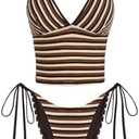 ZAFUL Striped Swim Suits for Women 2025 Halter V Neck Tankini Sets Terry Bikini High Cut Tie Side Thong Bathing Suit S