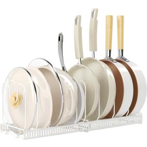 Pots and Pans Organizer under Cabinet,Expandable Pot Lid Organizer Holder with 10 Adjustable Dividers for Kitchen Cabinet Cookware Baking Frying Rack,White