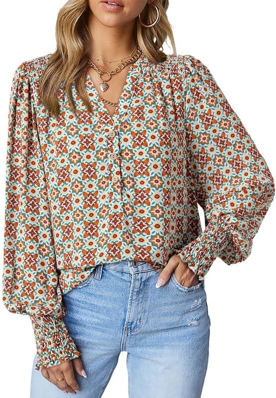 3 x Dokotoo Women's Casual V Neck Easel Floral Print Long Sleeve Blouses Smocked Button Down Shirts Bohemian Top (S)