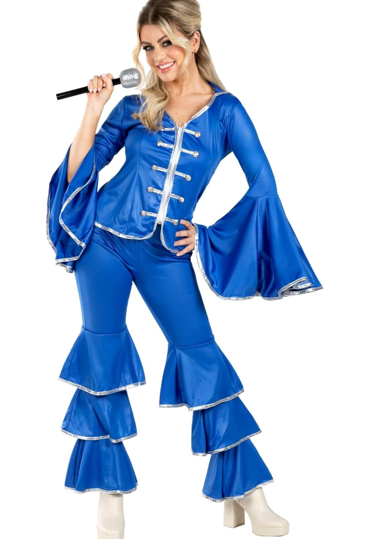 fun shack 70 Disco Costume for Women Blue Flares, Disco Queen Jumpsuit, Retro Dance Outfit for Parties S