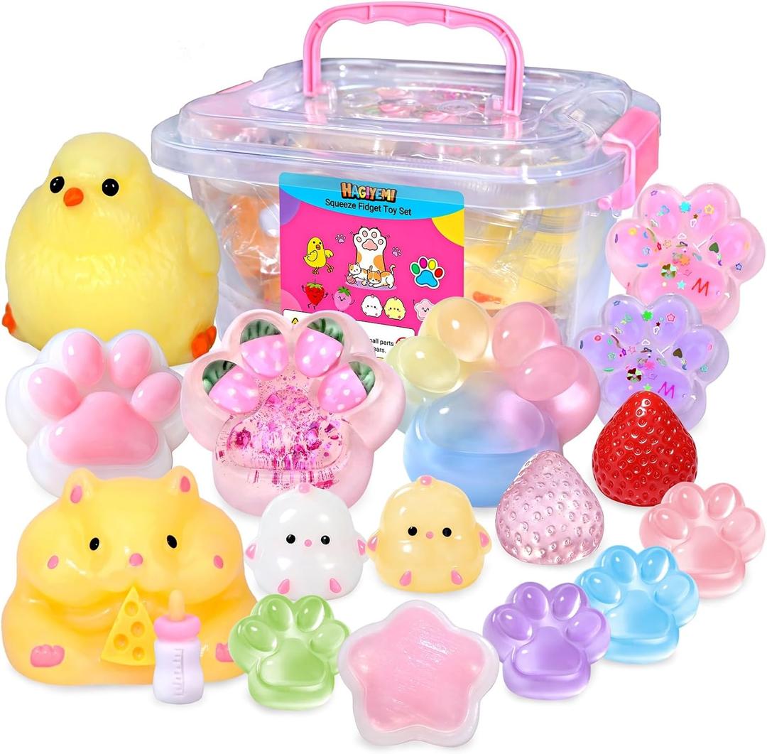 16 Pack Taba Squishy Toys Kit, Squishies Fidget Toy Party Favors for Kids | Squeeze Toys Gifts for Girls Boys 4-12 Year Old, Stress Relief Sensory Toys, Include Chick, Cat Paw, Hamster, Fruit
