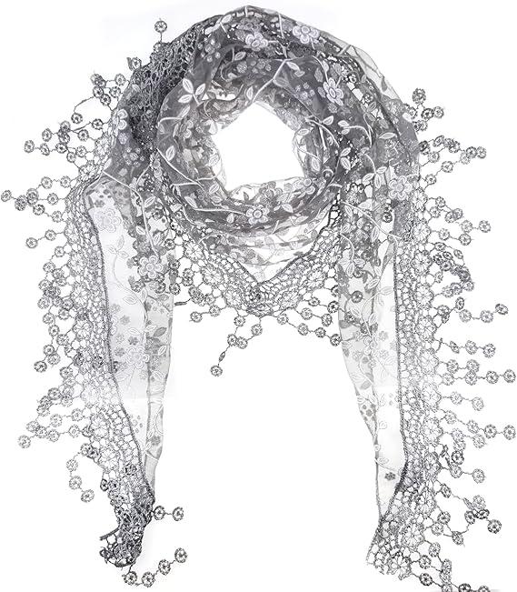 SHALISI Lace Scarf for Women Ladies Tassel Scarves Elegant Floral Headwrap Tippet Shawl Wrap Triangle Veil Bandana (Aqua)