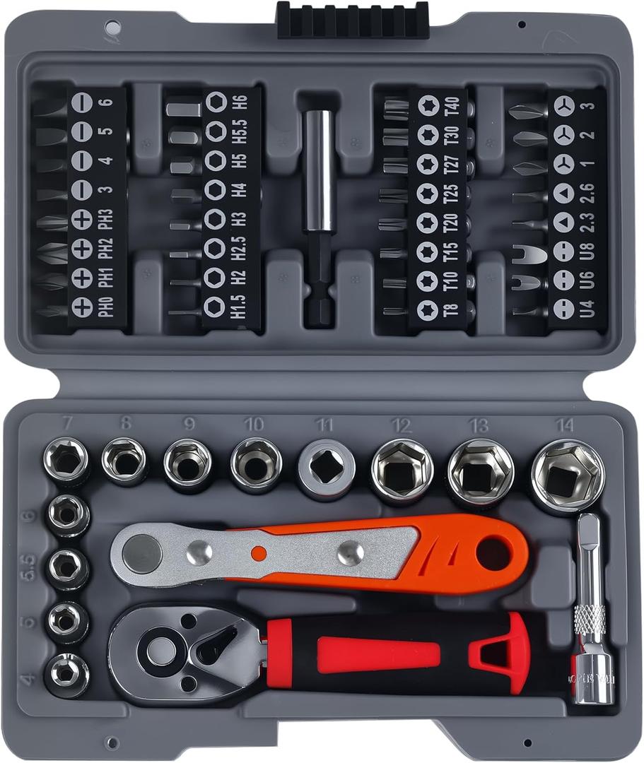 48-Piece 1/4 Inch Mini Socket Ratchet Wrench Set  Includes Metric Shallow Sockets (4-14mm) with 6-Point Design, 72-Tooth Mini Ratchet Wrench, Screwdriver Bits, and 3-Inch Extension Bars