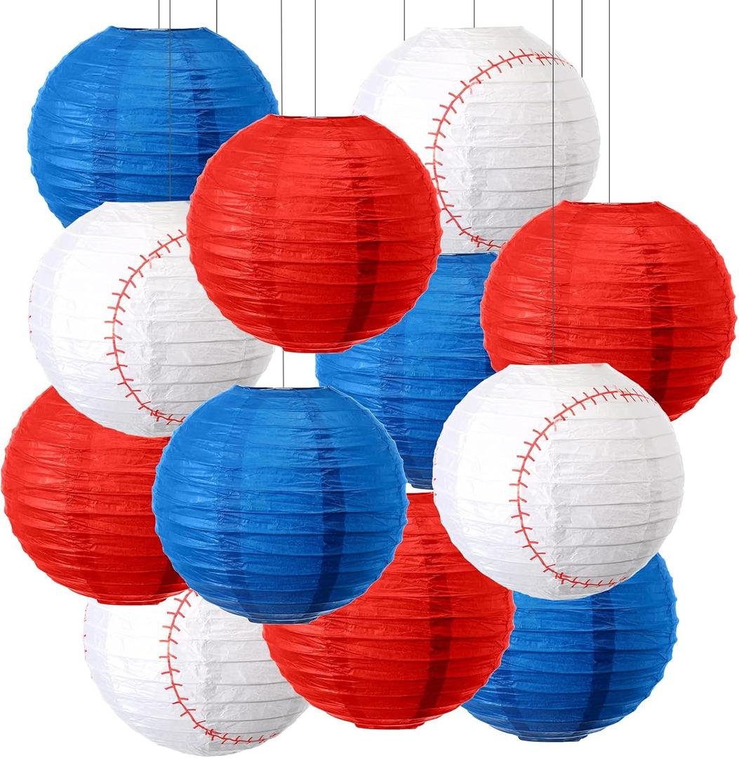 Fabbay 12 Pcs Baseball Lanterns Red White and Blue Baseball Paper Lantern 4th of July Decorations for Independence Day Sports Birthday Baby Shower Wedding Patriotic Supplies(8 Inch)