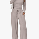 Trendy Queen Women's 2 Piece Matching Lounge Set Long Sleeve Side Ruching Top Wide Leg Drawstring Pants Set with Pockets, Size: XS