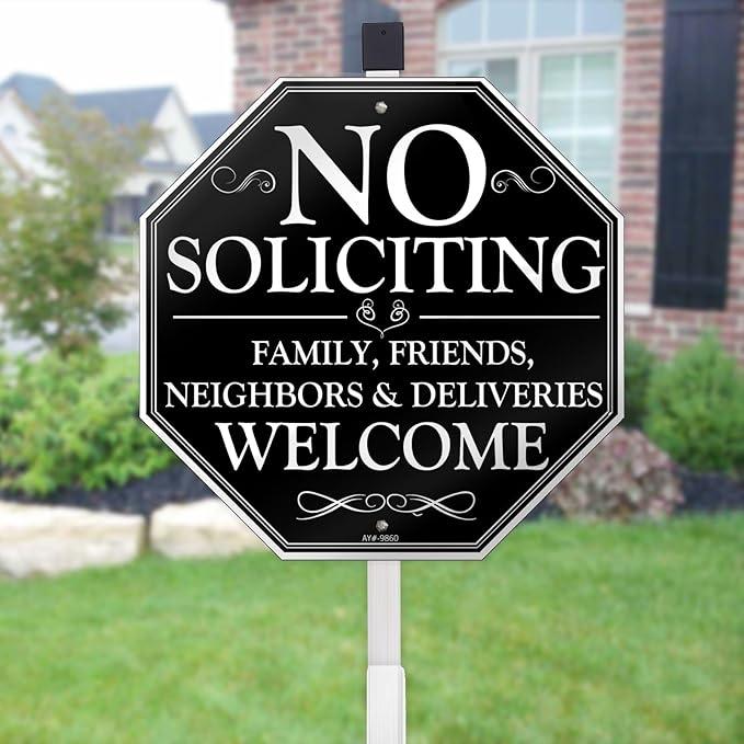No Soliciting Sign for House, 10" x 28" No Solicitors Sign with Stake  Home Yard Decor, Metal Aluminum, Easy Install (No Soliciting, Friends Welcome)